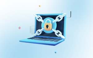 Gradient background, above illustration of computer with chains and padlocks.